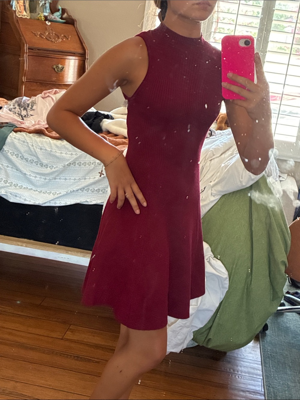 Sleeveless Burgundy Rib-Knit Fit & Flare Dress
